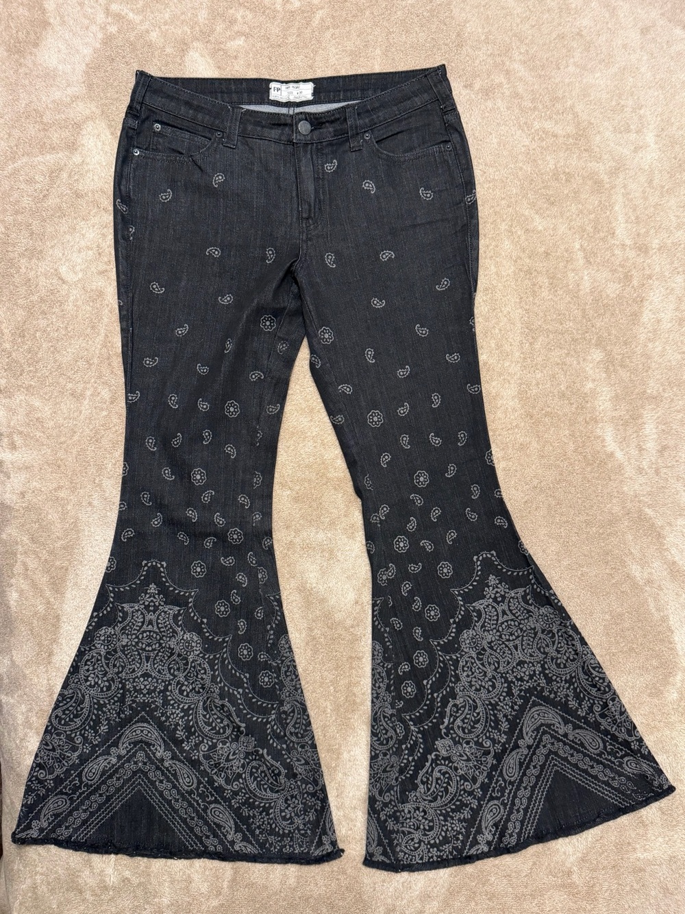 Free People Black Paisley Flare Jeans with Bandana Print